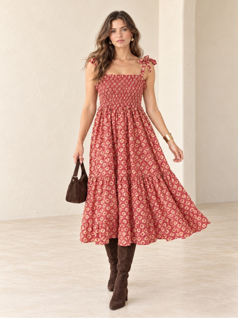 April Cornell Romantic Prairie Floral Smocked Tiered Midi Dress Size S